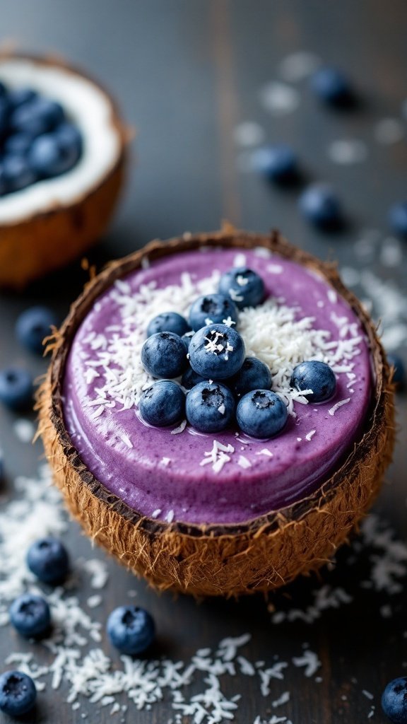 Coconut Blueberry Bliss smoothie in a coconut shell, topped with blueberries and shredded coconut.