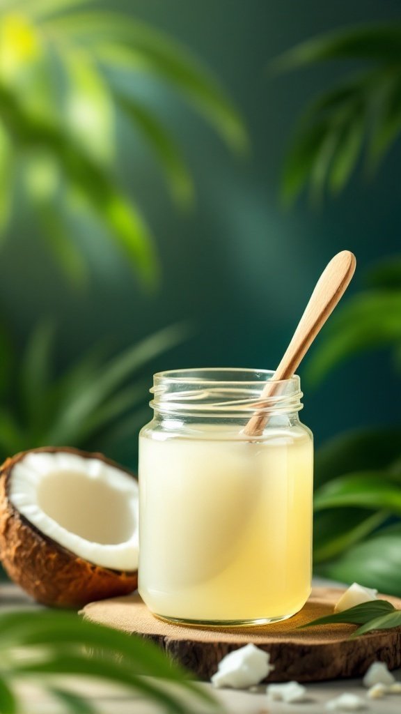 A jar of coconut oil with a wooden spoon, next to a halved coconut and tropical leaves.