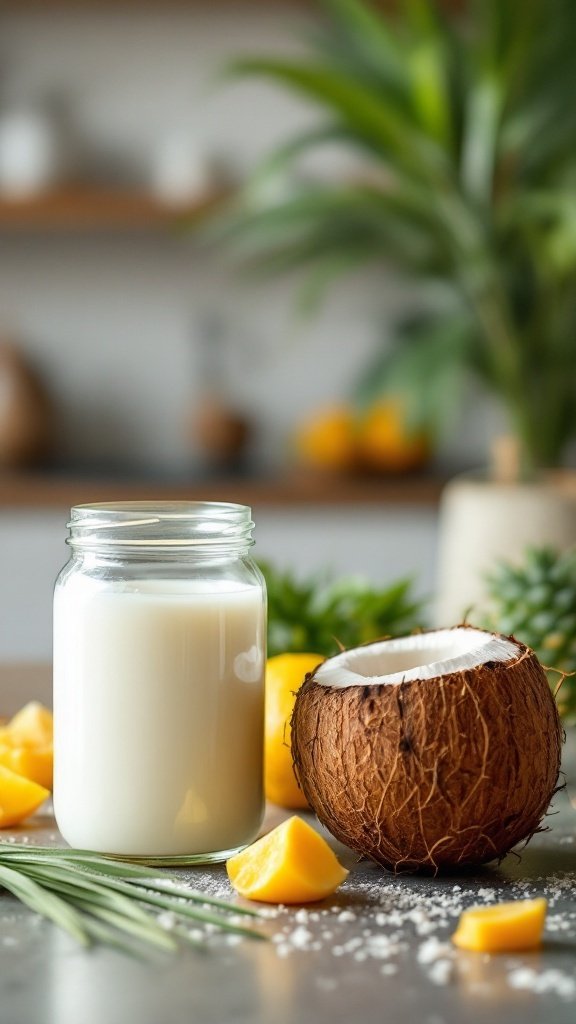 Jar of coconut oil next to a fresh coconut and mango pieces on a kitchen counter.