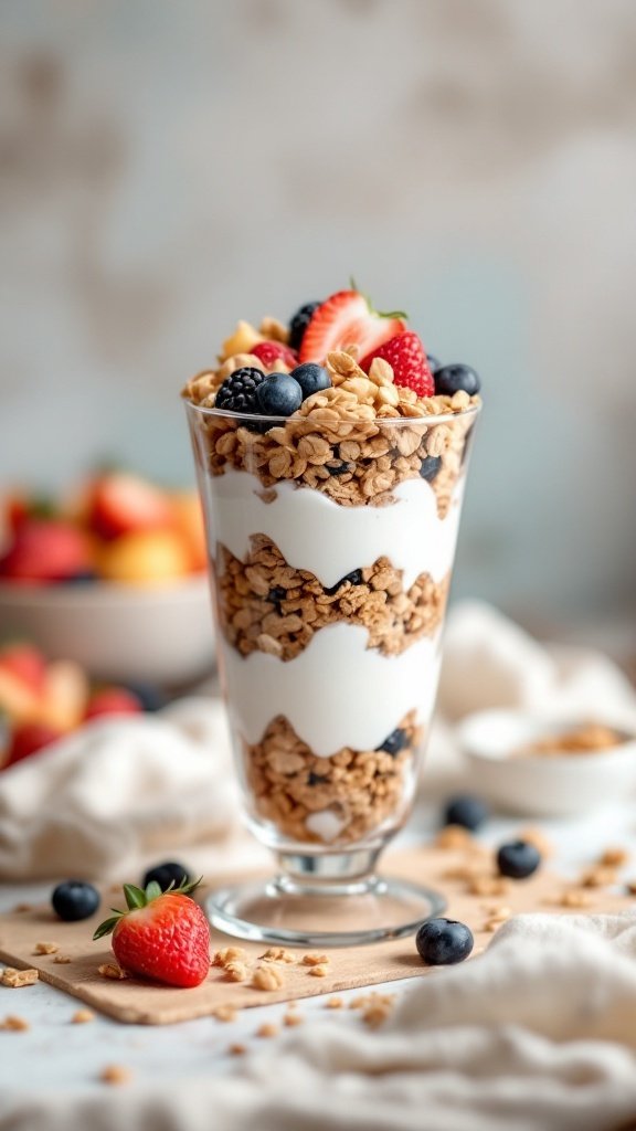 Coconut yogurt parfait with granola and fresh berries in a tall glass