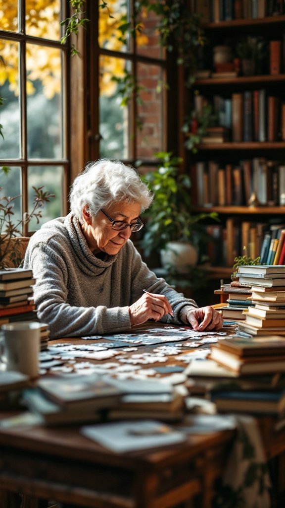 An elderly woman working on a puzzle at a table surrounded by books, in a cozy indoor environment.