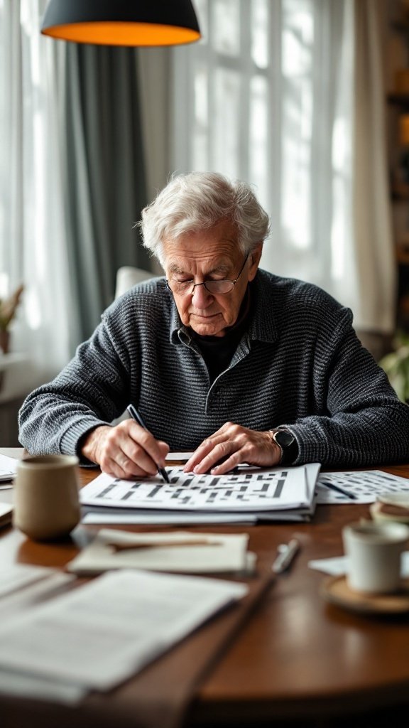 An older man solving a puzzle at a table, emphasizing cognitive exercises for brain health.