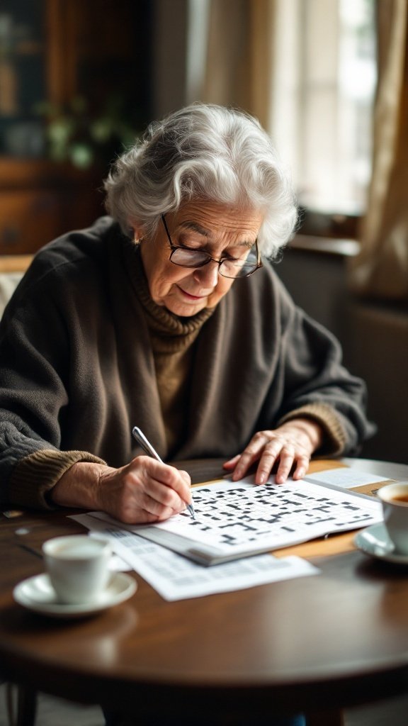 An elderly woman enjoying a crossword puzzle at a table with cups of coffee.