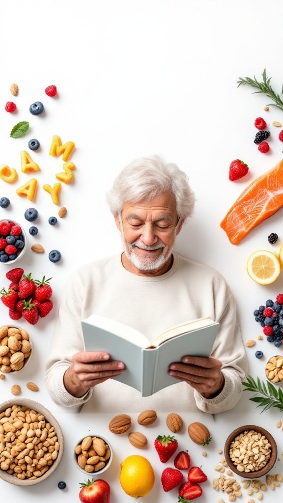 A senior man reading a book surrounded by healthy foods like nuts, berries, and salmon.