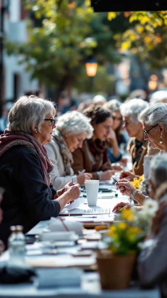 A group of senior women engaged in discussions around a table, highlighting community support for women's health.