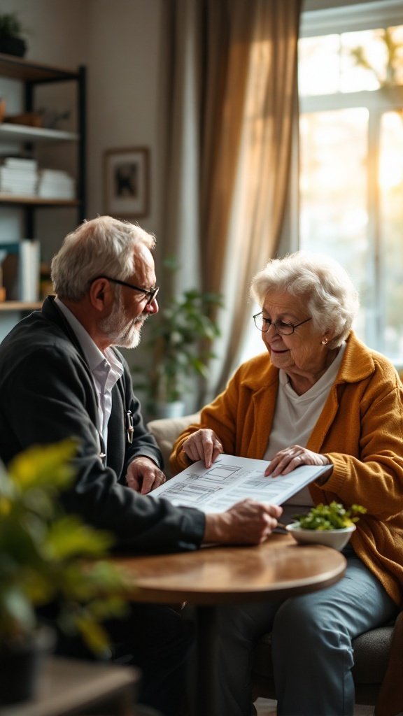 An older couple consulting each other while discussing health and dietary choices.