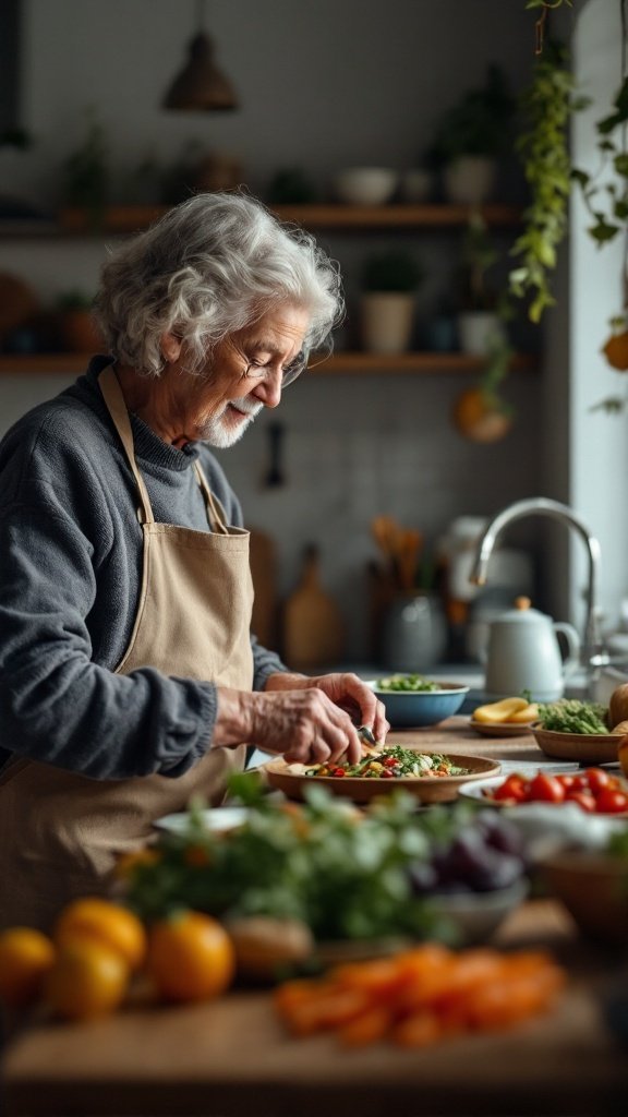 An elderly person cooking in a cozy kitchen filled with fresh vegetables and ingredients.