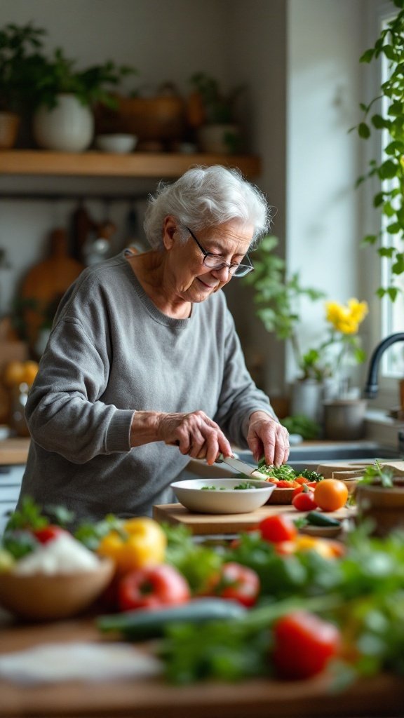 An older woman chopping fresh vegetables in a cozy kitchen filled with plants and bowls of ingredients.