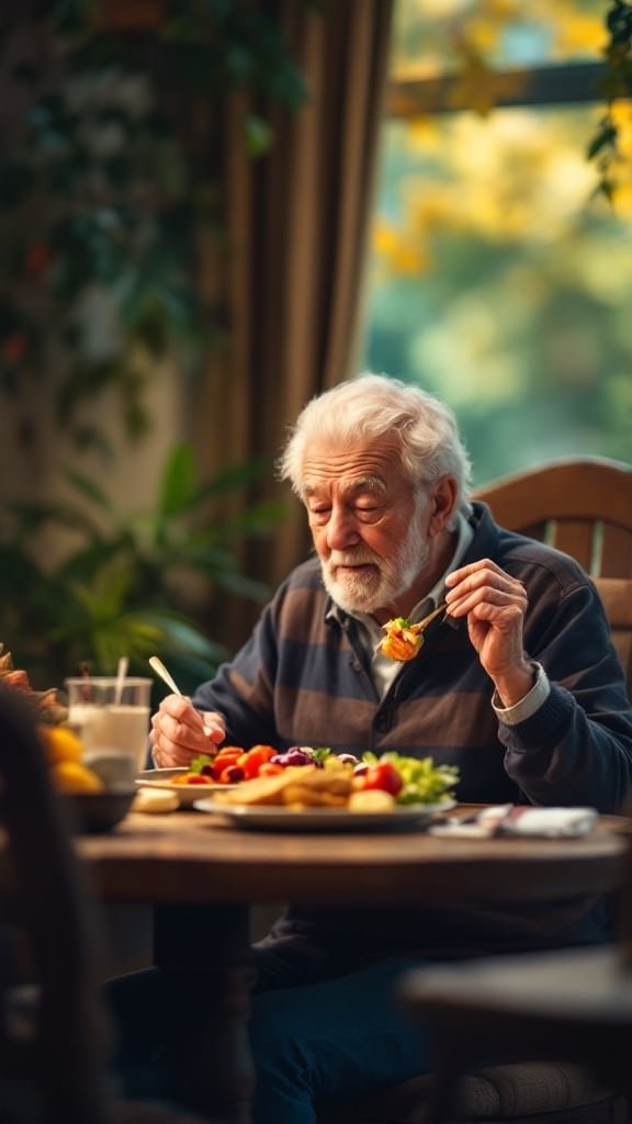 An elderly man sitting at a table enjoying a colorful meal with a thoughtful expression.