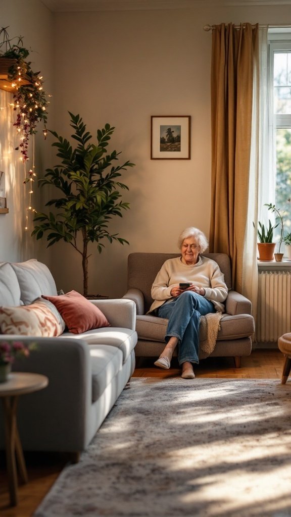 A senior woman sitting in a cozy living room, surrounded by plants and warm decor.