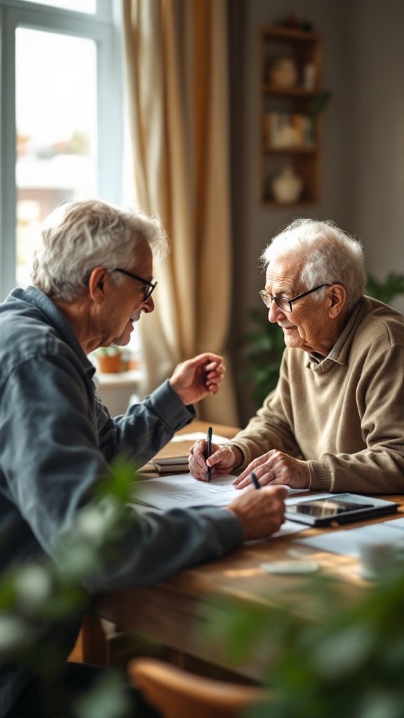 Two elderly men discussing health plans over a table