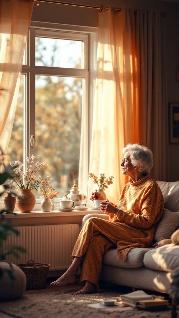 An elderly woman enjoying tea by a sunlit window in a cozy living room.