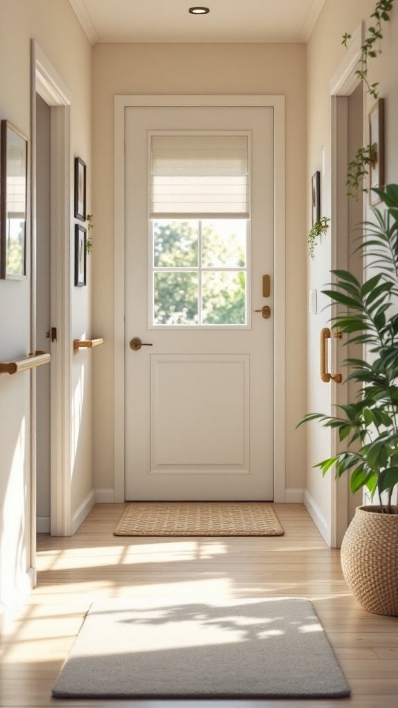A well-lit hallway with a door, rugs, and plants, emphasizing a safe living environment