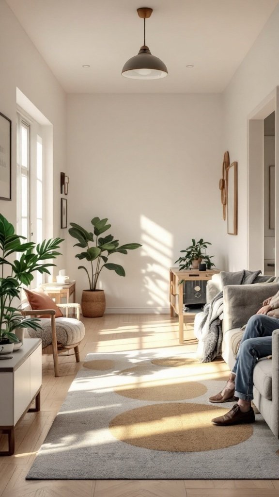 A bright and cozy living room with plants, a rug, and comfortable seating.