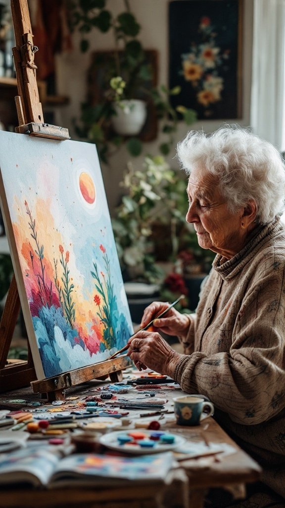 An elderly woman painting on a canvas in a cozy workspace filled with art supplies and plants.