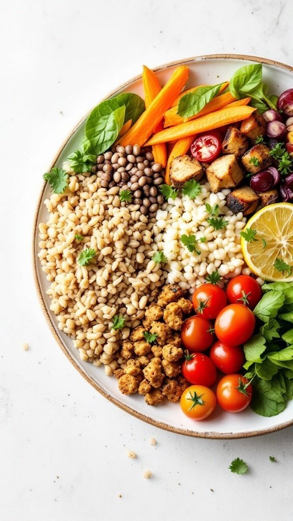 A colorful plate filled with barley, legumes, cherry tomatoes, carrots, greens, and a lemon slice.