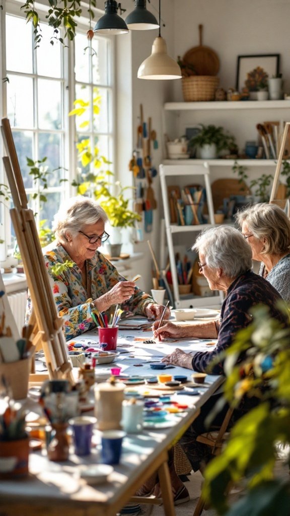 Seniors engaged in creative arts and crafts in a bright studio.