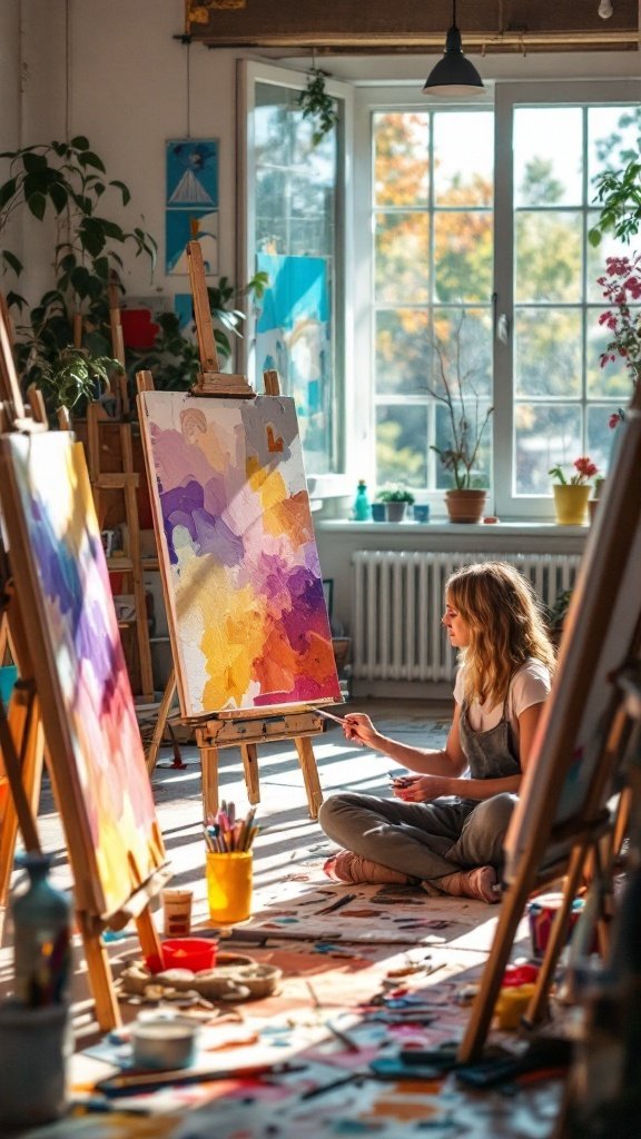 A woman painting in a sunny art studio with colorful canvases and supplies around her.