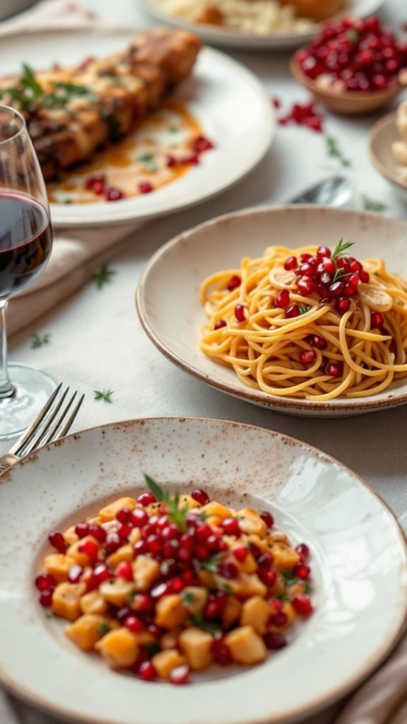 A beautifully arranged table with pasta, salad, and pomegranate arils.