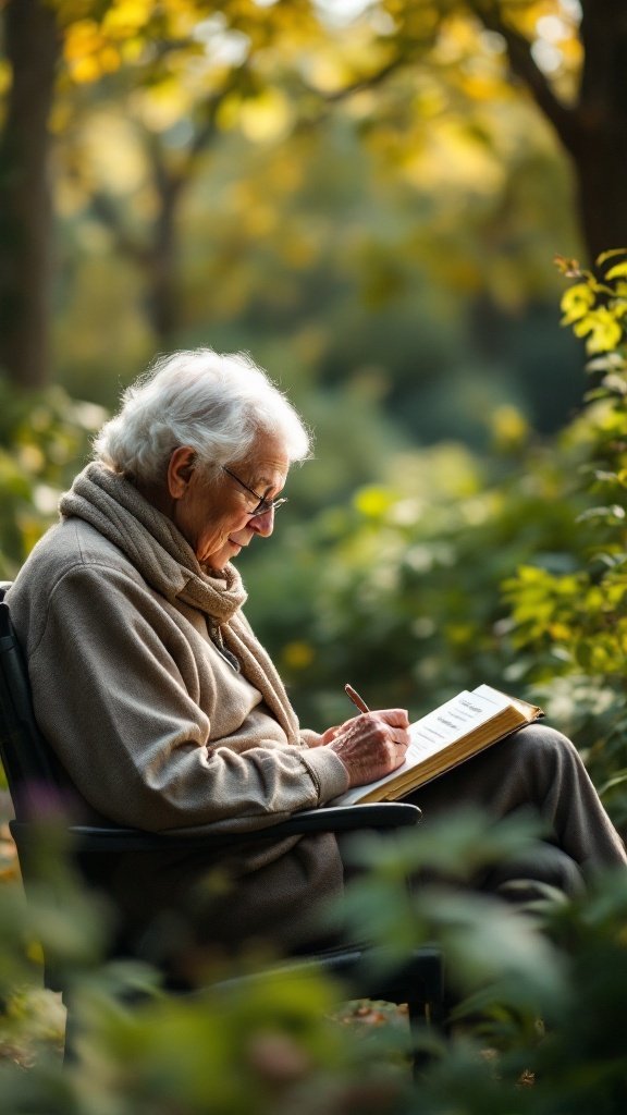 An older adult writing in a notebook while sitting in a natural setting surrounded by greenery.