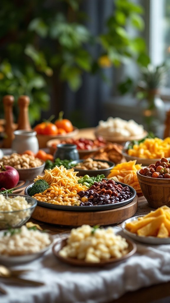 A colorful spread of various fresh foods including fruits, vegetables, legumes, and grains arranged on a table.