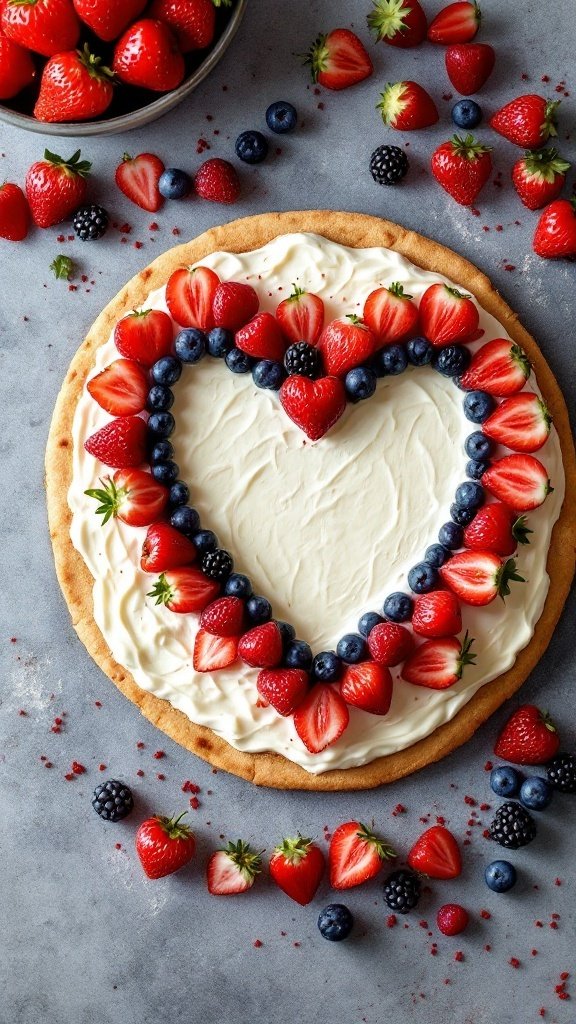 A heart-shaped fruit pizza topped with cream cheese frosting and assorted berries.