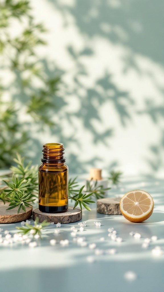 A bottle of cypress essential oil with lemon and greenery on a light background.