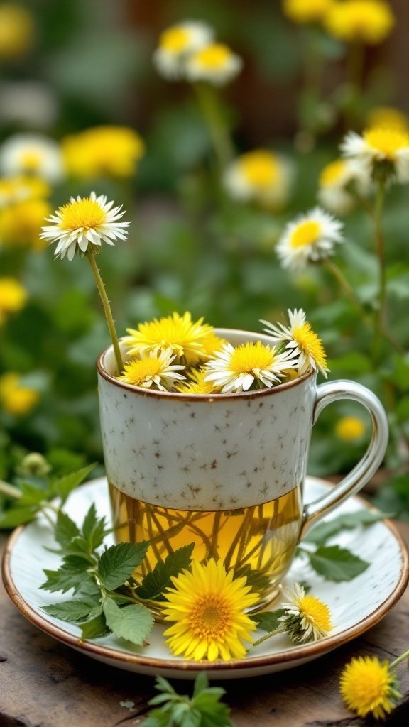 A cup of dandelion tea with yellow flowers and green leaves.