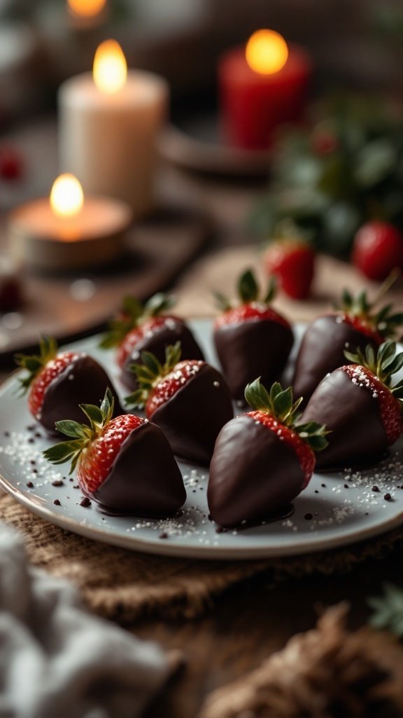 A plate of dark chocolate-covered strawberries with candles in the background.