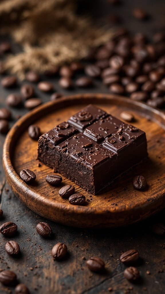 A delicious piece of dark chocolate on a wooden plate surrounded by coffee beans.