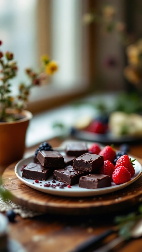 A plate of dark chocolate squares with strawberries and blackberries on a wooden table.
