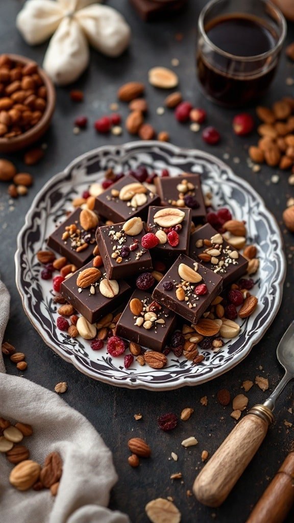 A plate of dark chocolate squares garnished with nuts and dried berries.