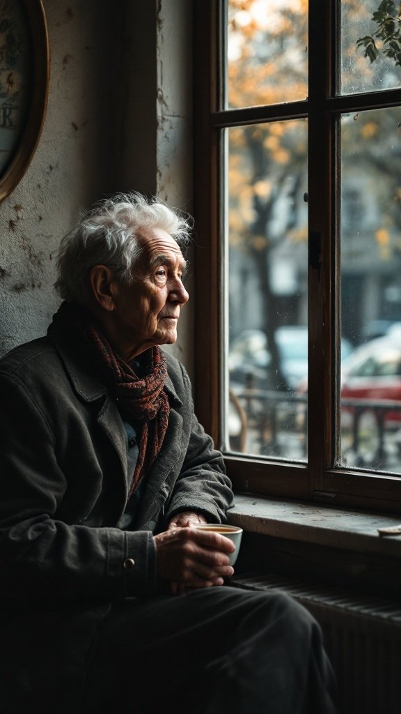An elderly man sitting by a window, holding a cup, reflecting on life.