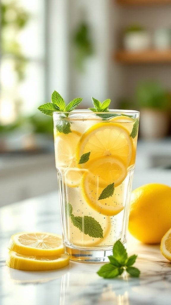A refreshing drink with lemon slices and mint leaves in a glass.