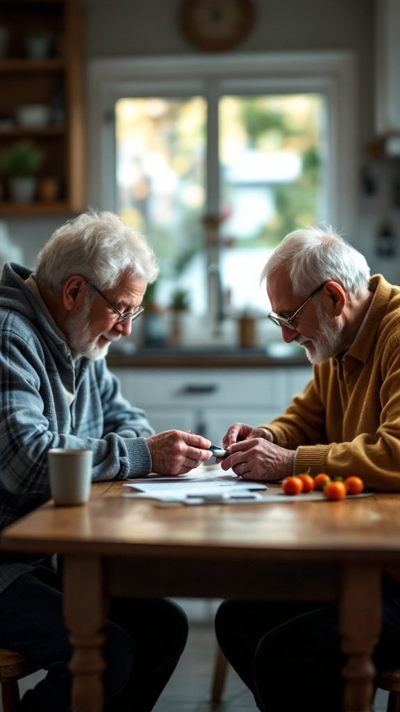Two senior men discussing diabetes management at a table with fruits and coffee.
