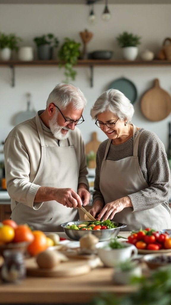 An elderly couple preparing a healthy meal together in a cozy kitchen.