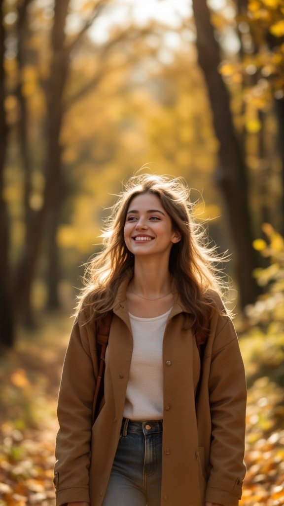 A young woman walking in a forest during autumn, smiling and enjoying nature.