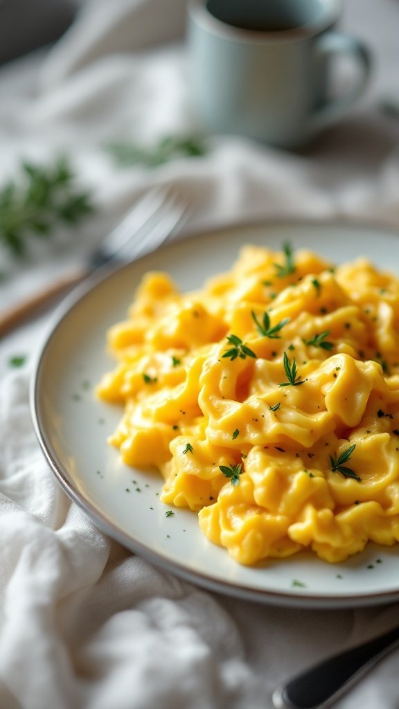 A plate of creamy pasta topped with herbs, showcasing a delicious meal.
