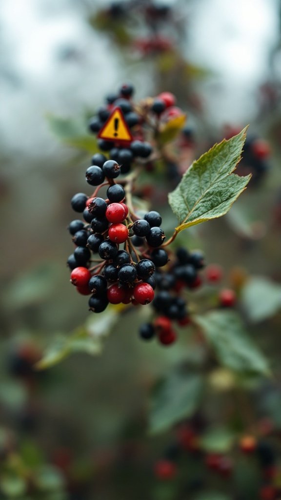 Clusters of elderberries with a warning sign indicating potential toxicity
