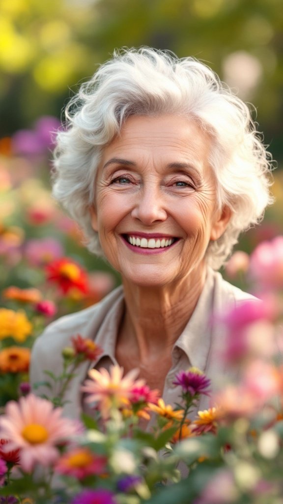 A smiling senior woman surrounded by colorful flowers, embodying positivity and joy in aging.