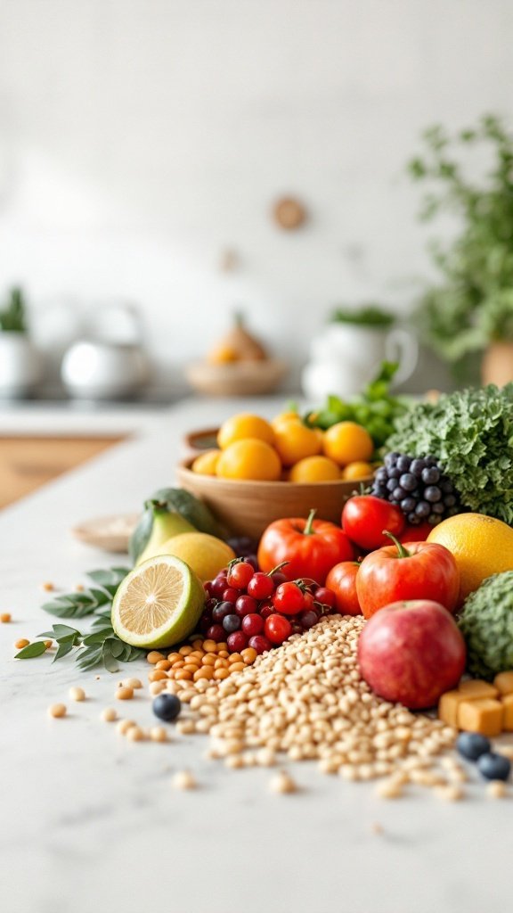 A colorful display of fruits, vegetables, and grains, showcasing fiber-rich food options.