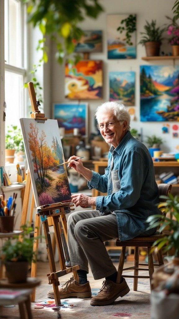 An elderly man smiling while painting in a bright, cluttered art studio