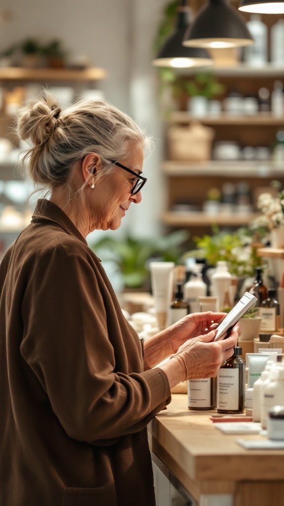 A senior woman examining natural beauty products in a store.