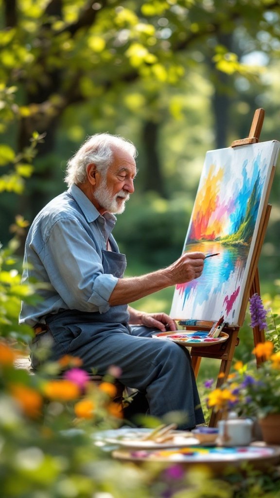A senior man painting in a garden surrounded by colorful flowers.