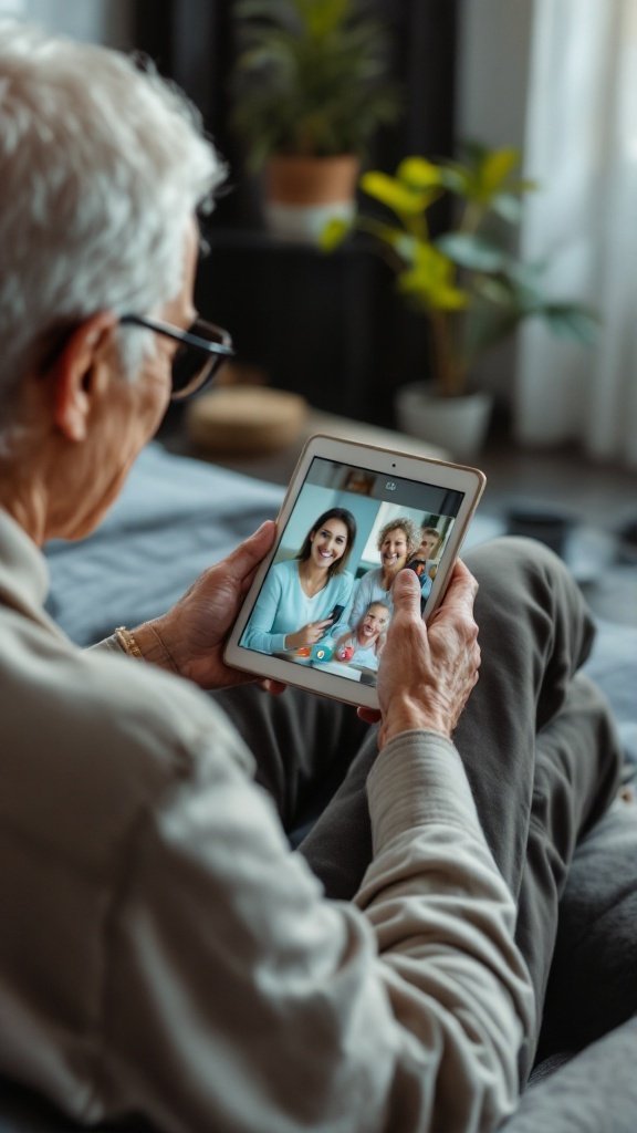 An elderly person using a tablet to video chat with family.