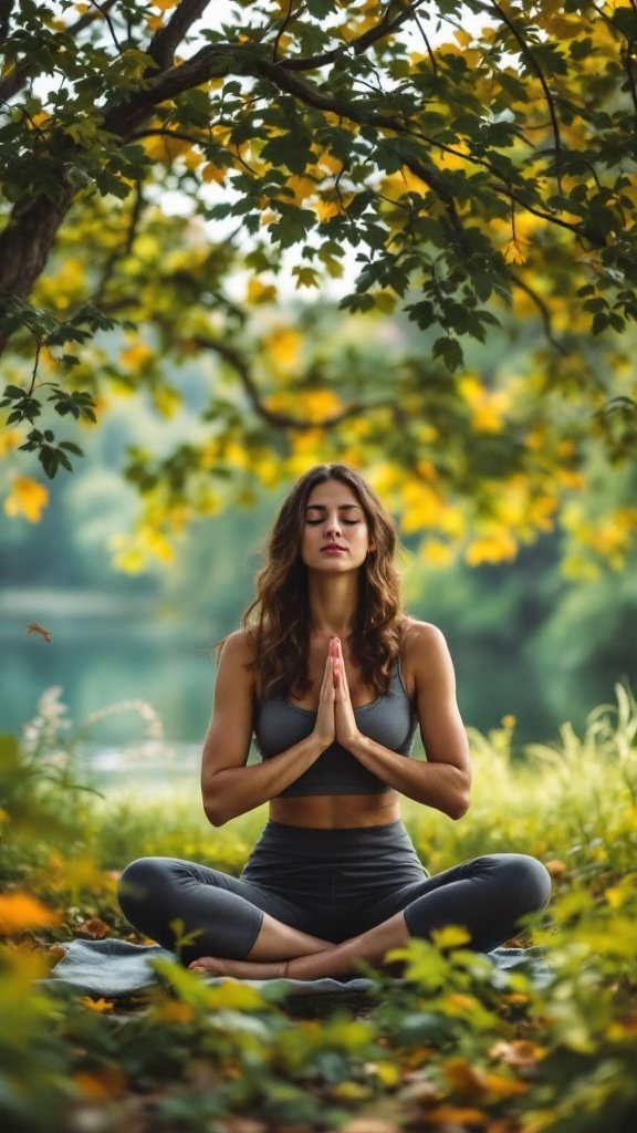 A woman meditating in a peaceful natural setting surrounded by trees and water.