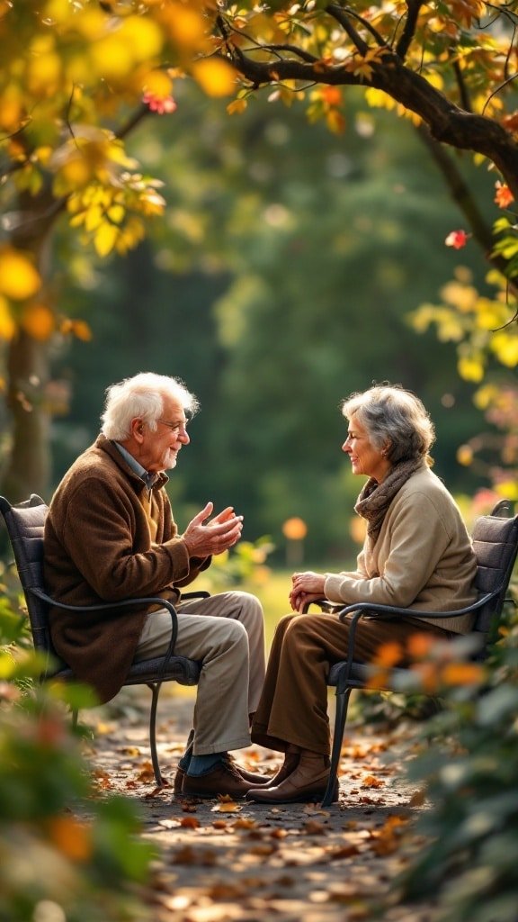 Two elderly people sitting on chairs in a park, having an engaging conversation surrounded by autumn leaves.