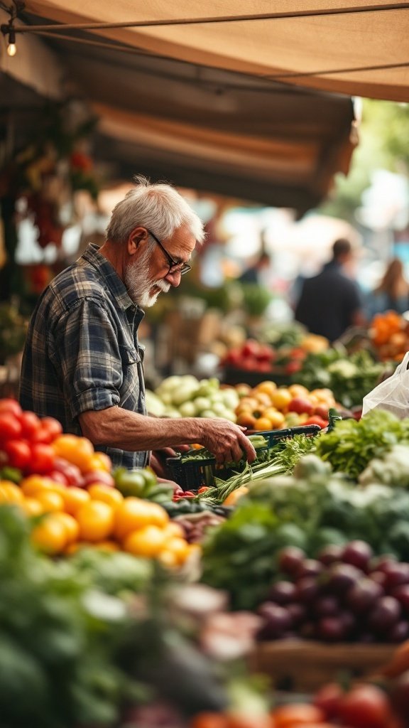 An older man shopping at a vibrant farmers' market filled with fresh fruits and vegetables.