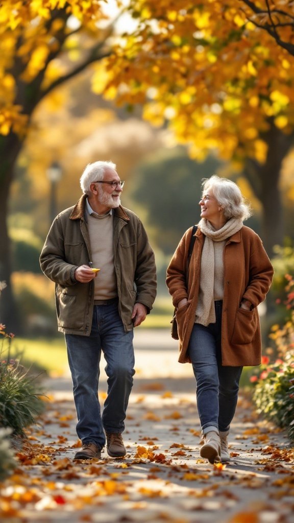 An older couple walking in a park during autumn, surrounded by colorful leaves.