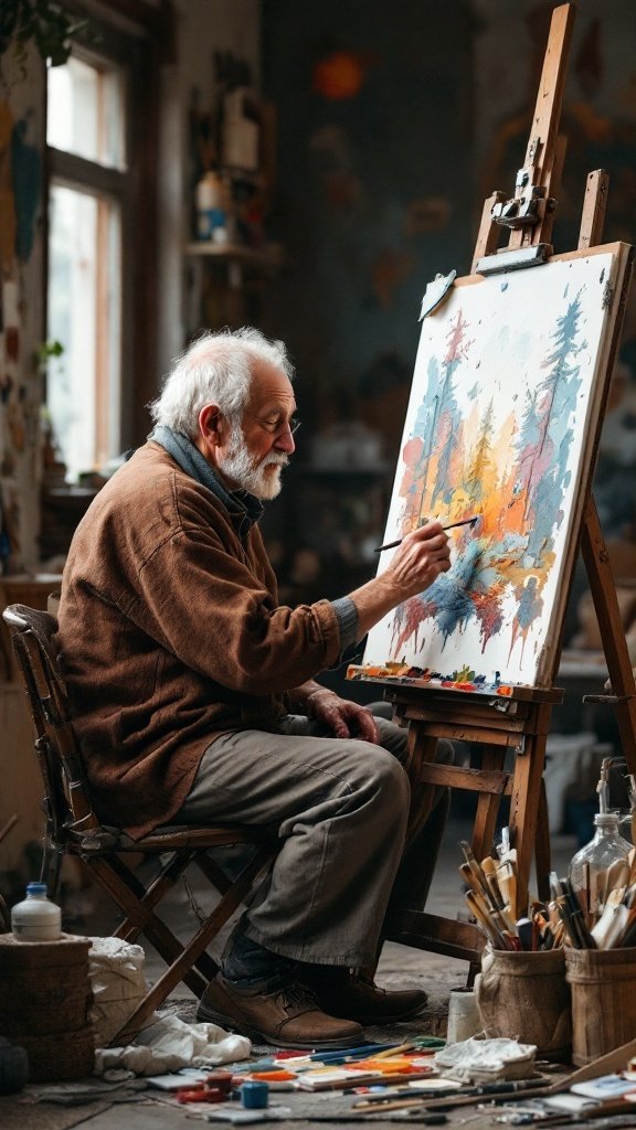 An elderly man painting a colorful landscape on an easel in a cozy studio.